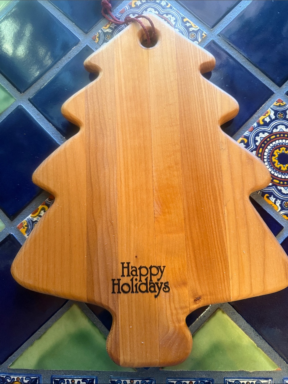 Happy Holidays Tree-Shaped Serving & Decorative Board - Natural Wood